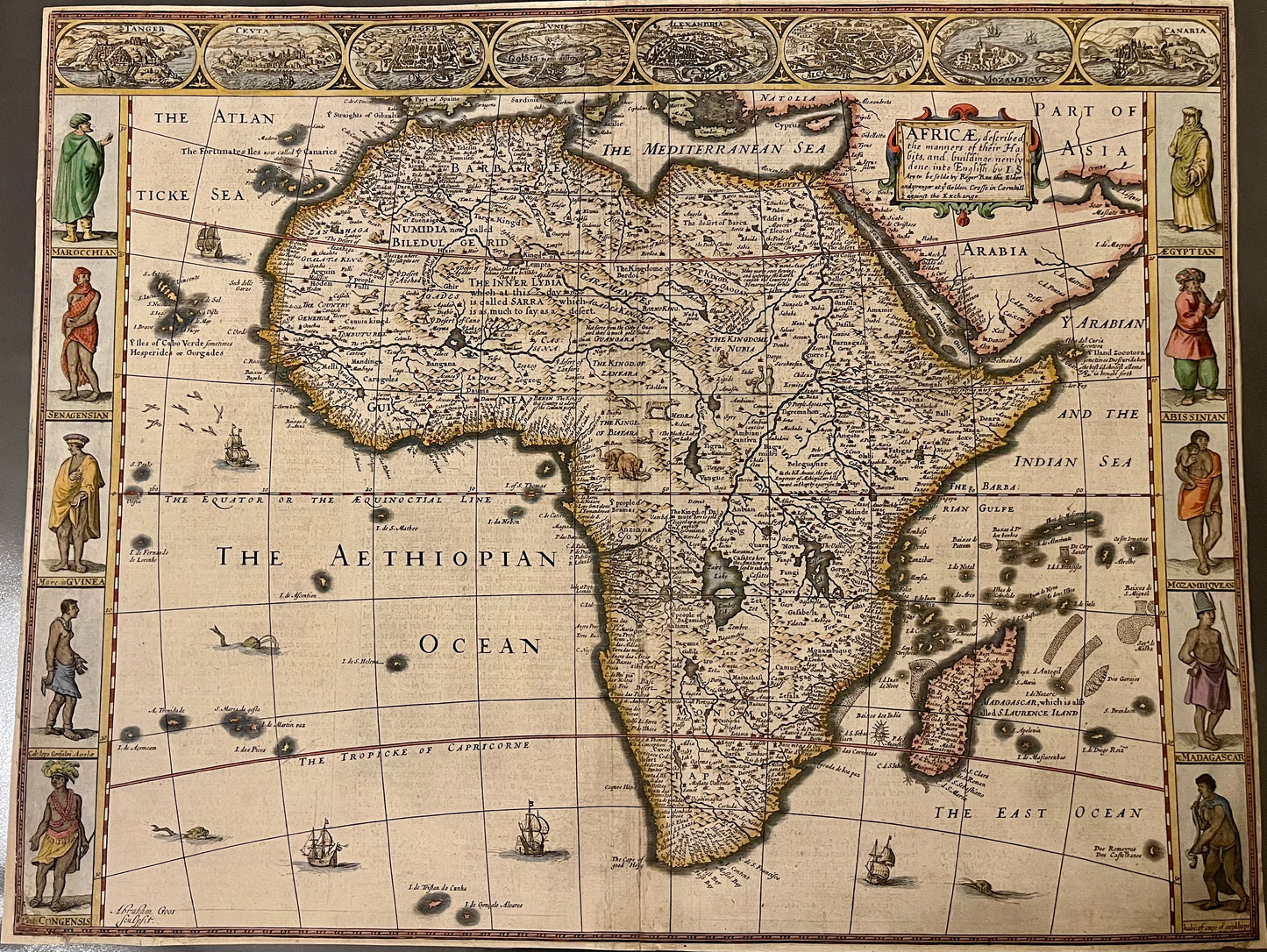 Africa - John Speed - 1665 "Africae, Described. The manners of their Habits and buildings newly done into English by I.S" - rare Roger Rae Edition.