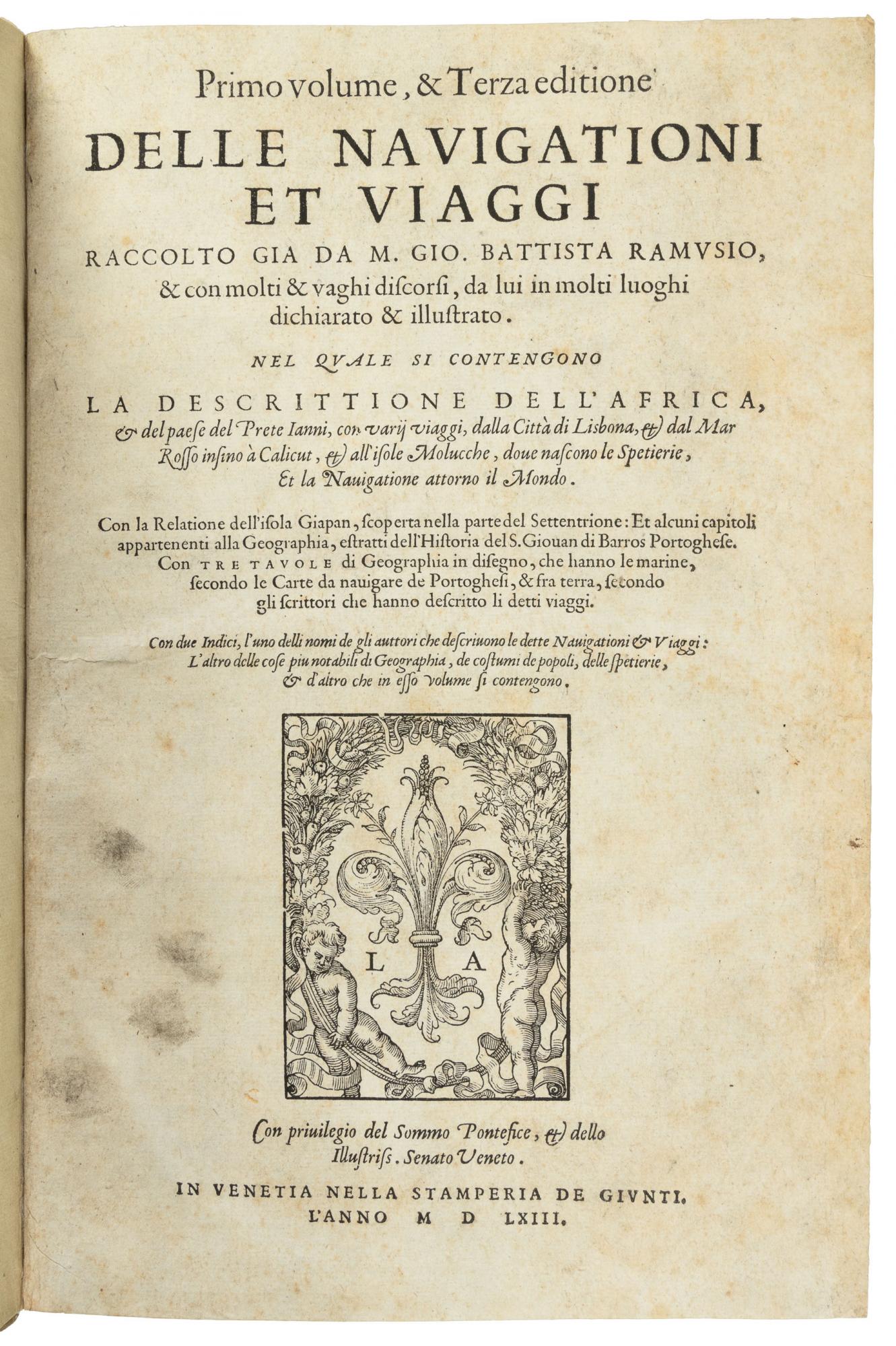 Ramusio - Delle Navigationi et Viaggi - Complete three volumes with 10 double page maps 1563, 1574, 1556. Rare FIRST EDITION of the Third Volume on the Americas