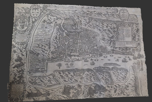 A Ilha e Cidade de Goa Metropolitana da India e Partes Orientais que esta en 15 Graos da Banda da Norte - Goa - Linschoten - 1596 - Rare Map
