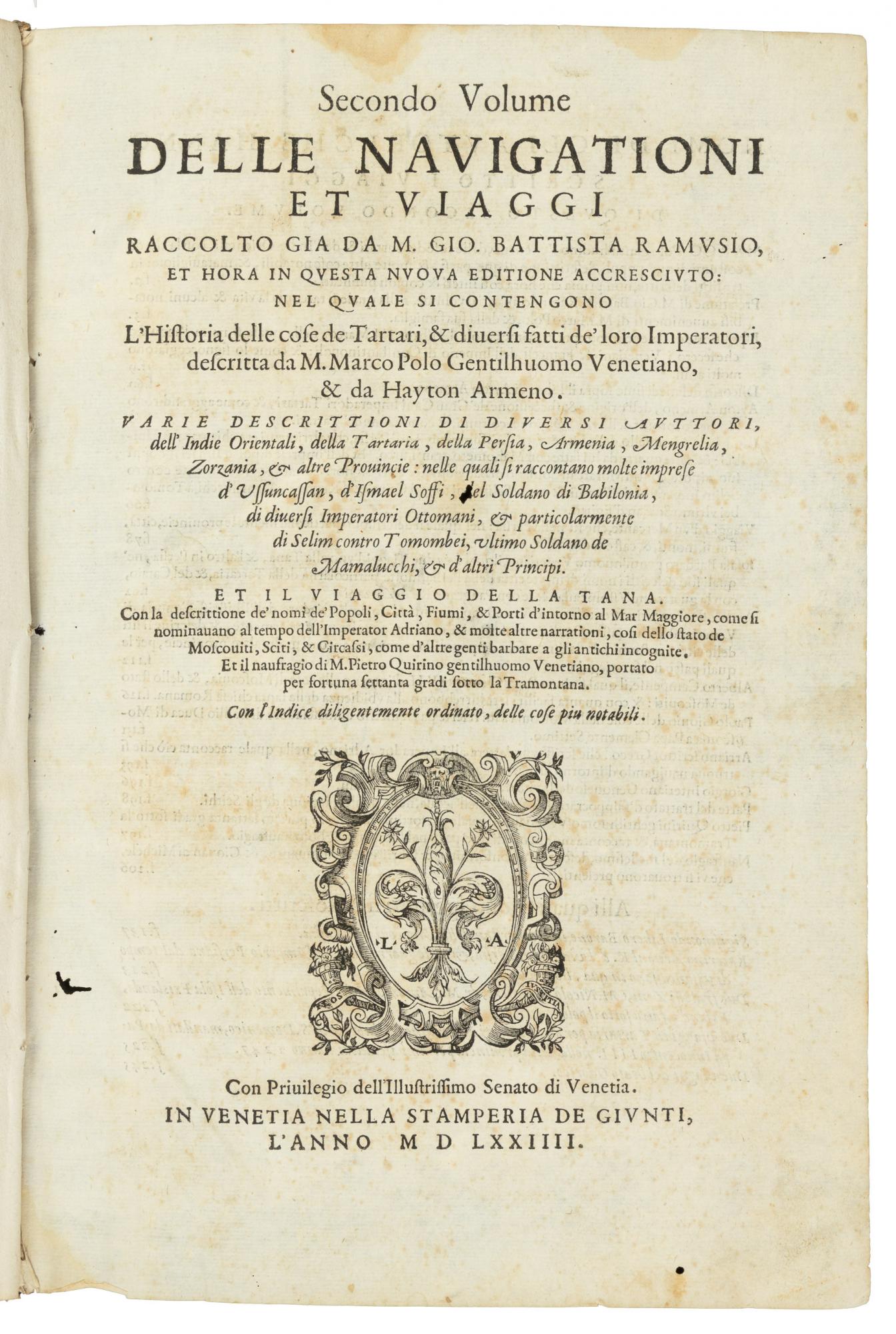 Ramusio - Delle Navigationi et Viaggi - Complete three volumes with 10 double page maps 1563, 1574, 1556. Rare FIRST EDITION of the Third Volume on the Americas