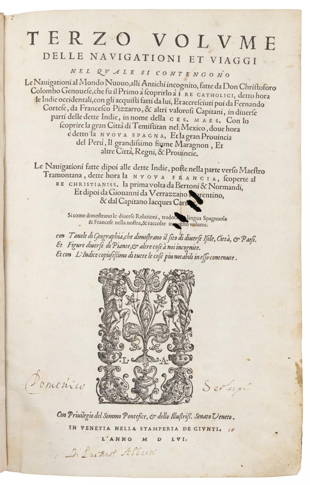 Ramusio - Delle Navigationi et Viaggi - Complete three volumes with 10 double page maps 1563, 1574, 1556. Rare FIRST EDITION of the Third Volume on the Americas