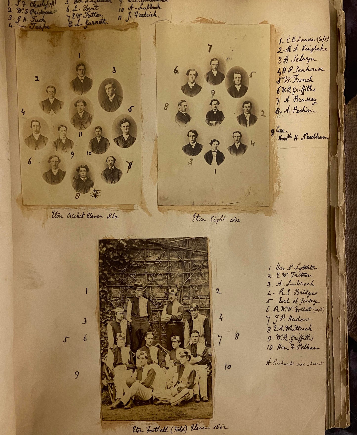 Early photograph album c1860-1863 containing c100 photographs of Eton College and Home photographs. Includes an early 1862 (Pre-FA) football team with Robert Seymour Bridges