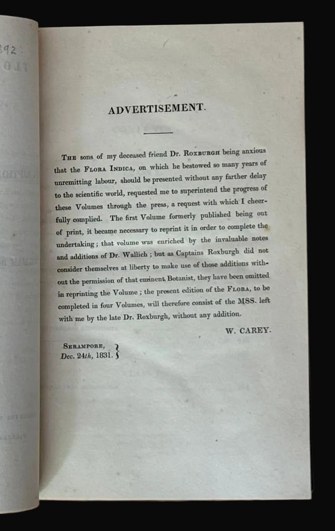Serampore printing - Foundational work on Indian Botany: Flora Indica by William Roxburgh and edited by William Carey, 1832