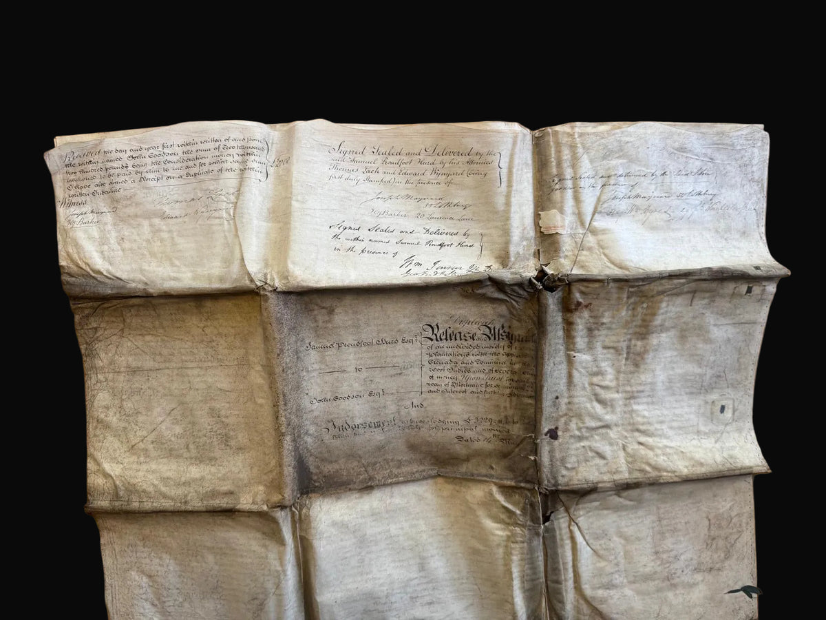An archive of Nine vellum deeds documenting the enslaved populations of the Upper and Lower Pearl Estates in St Andrew's, Grenada, from 1826-1828, and their subsequent sale in 1830.