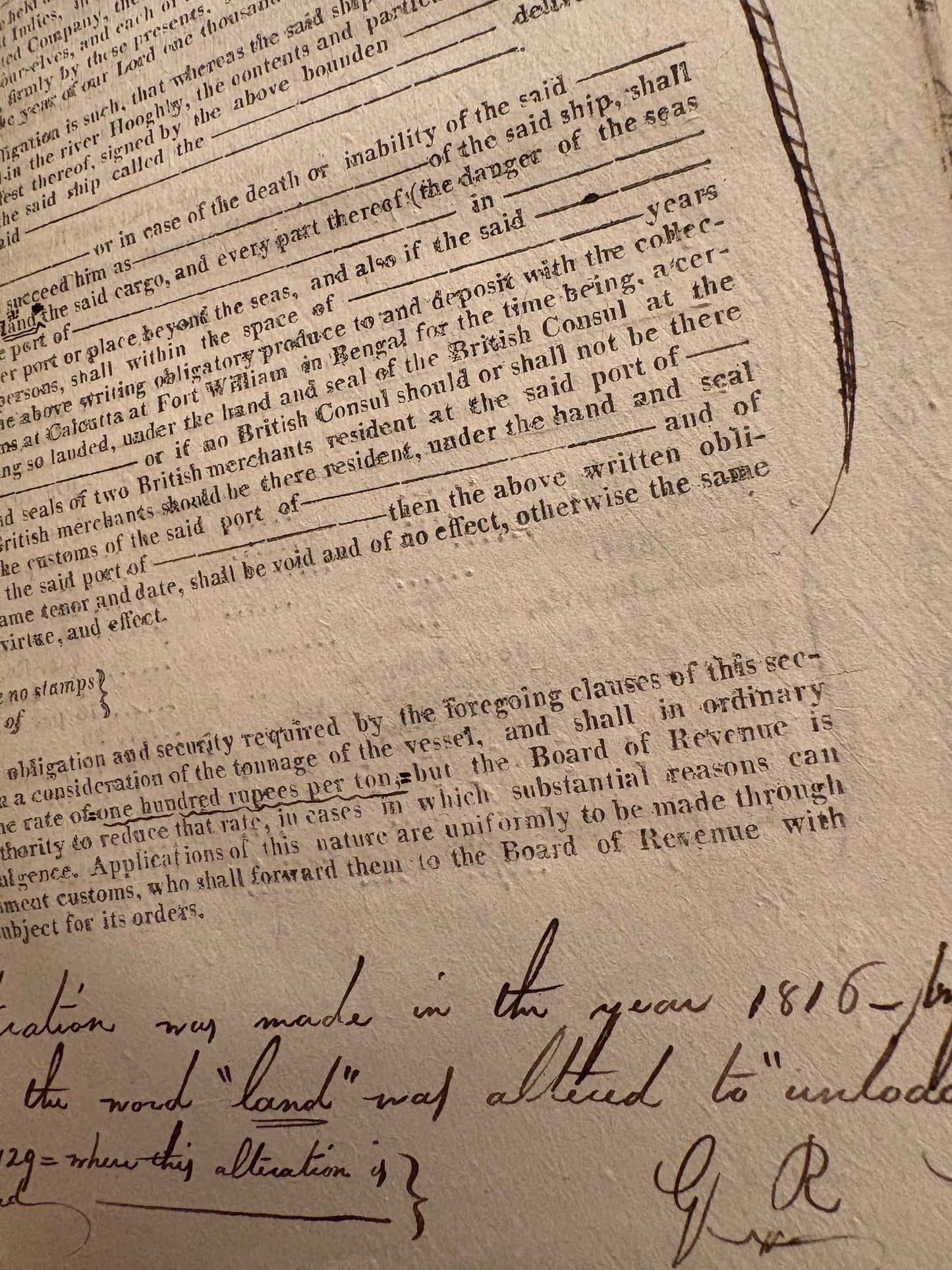 1818 Calcutta Printed Almanac with contemporary ownership signature of George Richardson - Assistant to the Commercial Resident for the East India Company at Haripal (Hurripaul) and Golagore