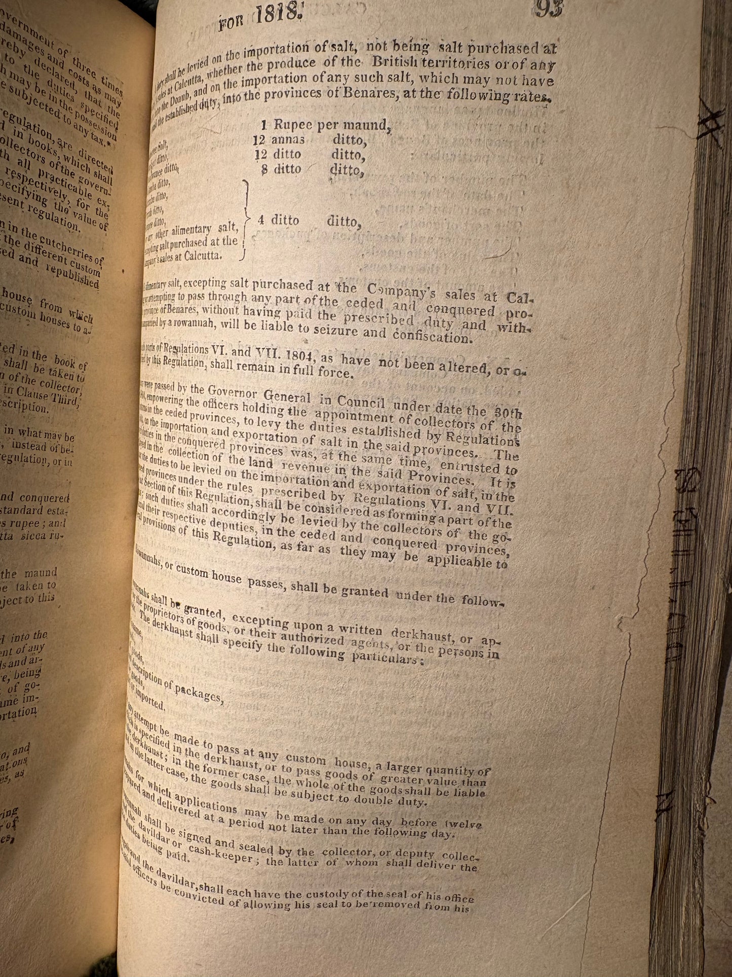 1818 Calcutta Printed Almanac with contemporary ownership signature of George Richardson - Assistant to the Commercial Resident for the East India Company at Haripal (Hurripaul) and Golagore