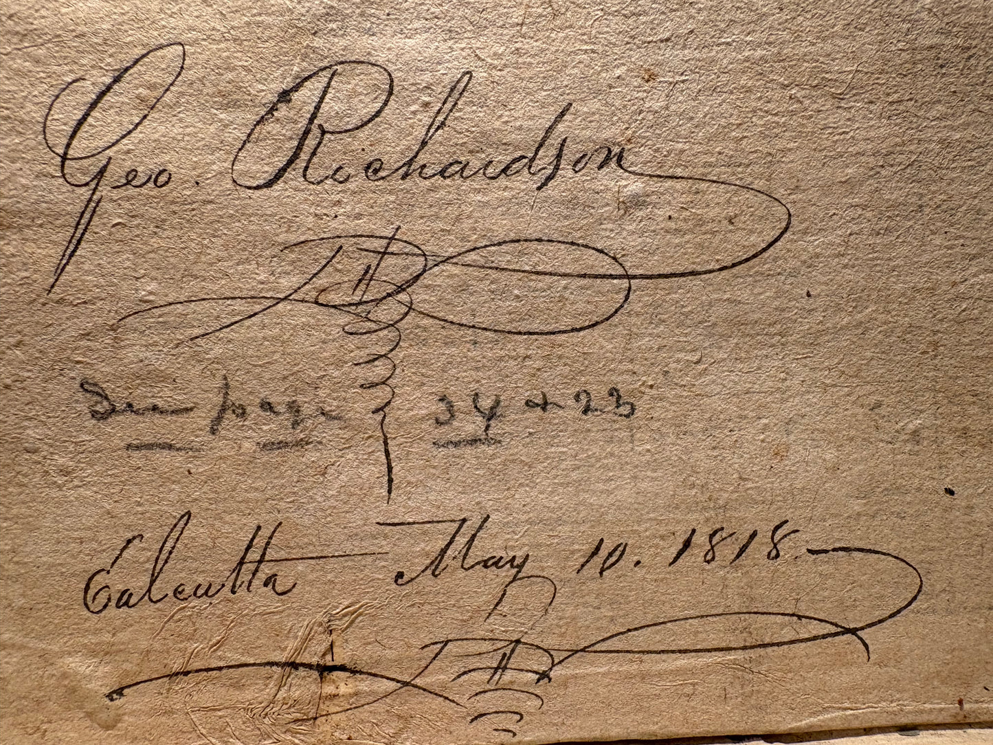 1818 Calcutta Printed Almanac with contemporary ownership signature of George Richardson - Assistant to the Commercial Resident for the East India Company at Haripal (Hurripaul) and Golagore