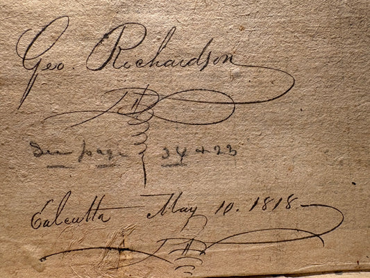 1818 Calcutta Printed Almanac with contemporary ownership signature of George Richardson - Assistant to the Commercial Resident for the East India Company at Haripal (Hurripaul) and Golagore