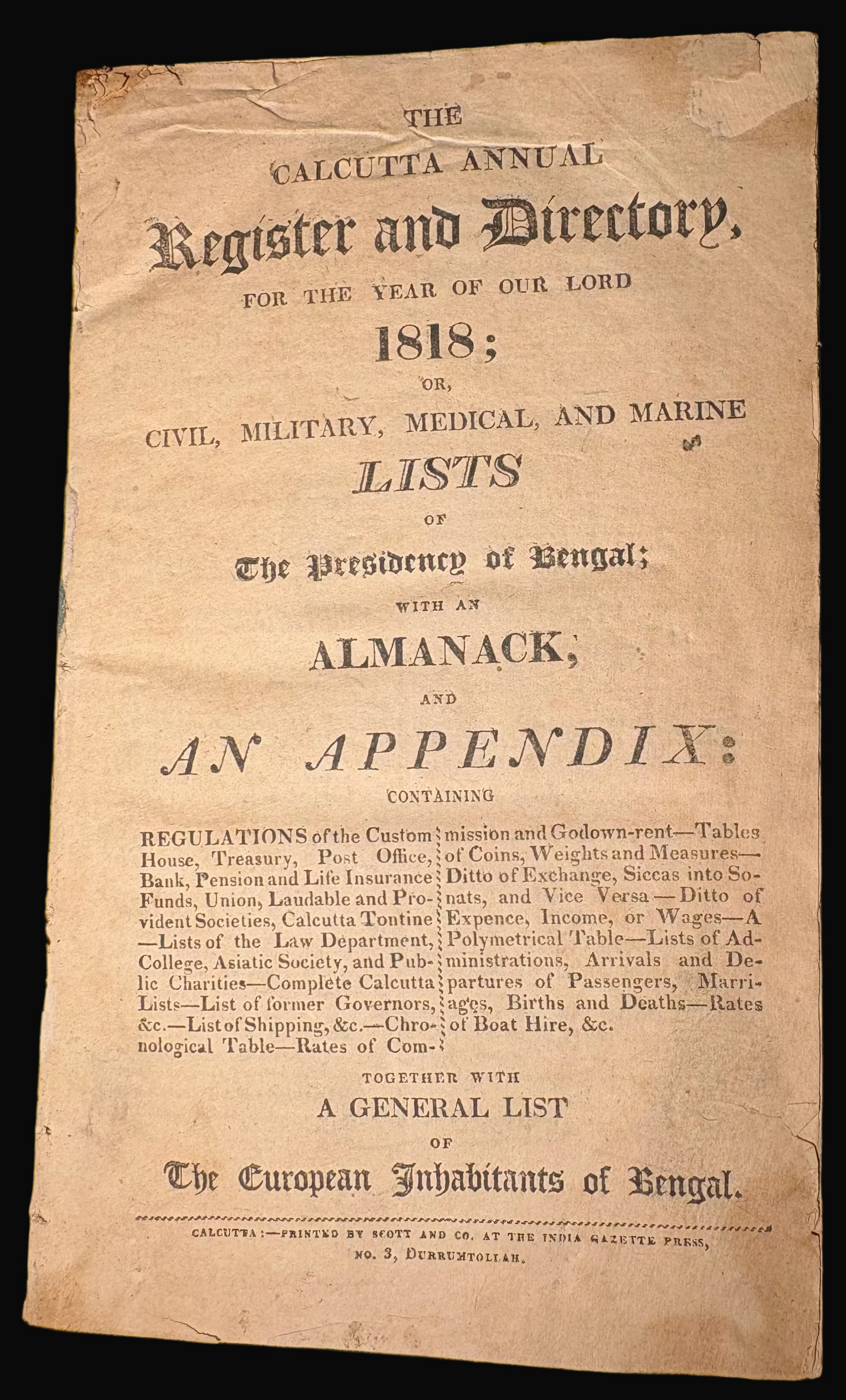 1818 Calcutta Printed Almanac with contemporary ownership signature of George Richardson - Assistant to the Commercial Resident for the East India Company at Haripal (Hurripaul) and Golagore