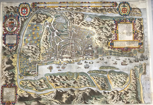 A Ilha e Cidade de Goa Metropolitana da India e Partes Orientais que esta en 15 Graos da Banda da Norte - Goa - Linschoten - 1596 - Rare Map