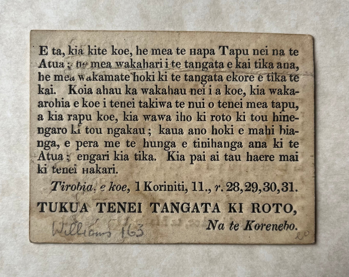 Pocket-sized Term Card for Māori converts from the Waitangi Mission Press in Hawkes Bay