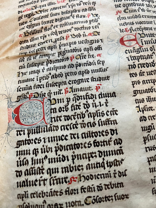 14th Century Missal Fragment of 28 leaves with beautiful decorative lettering