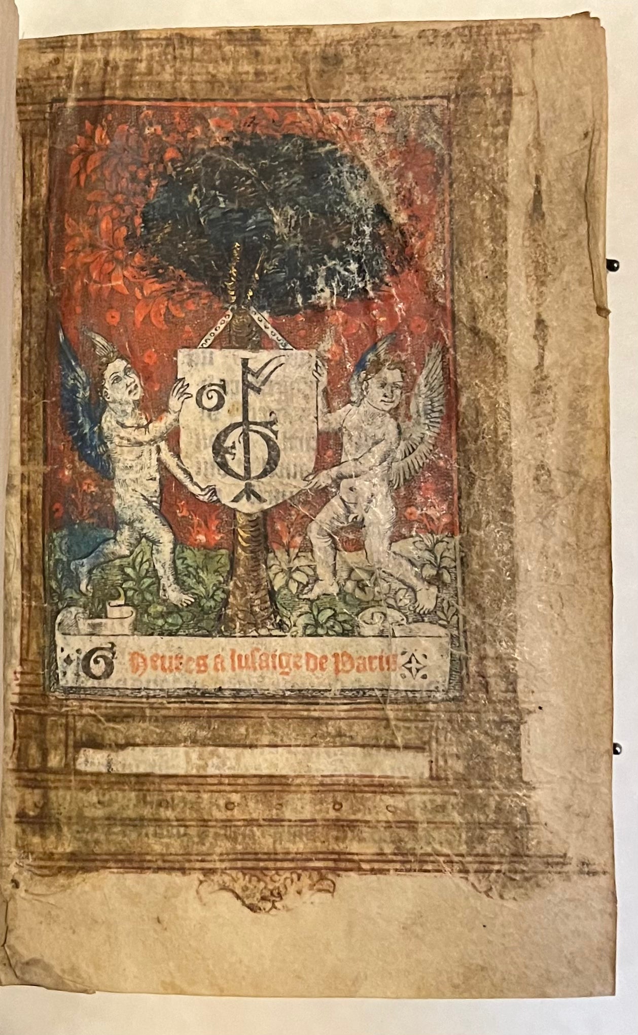 Beautifully Bound Book of Hours on Vellum in Early Binding for "Guillaume de Beurges" - Heures a l'usaige de Paris - With Title Page, Zodiac man and 12 Full page Hand illuminated illustrations