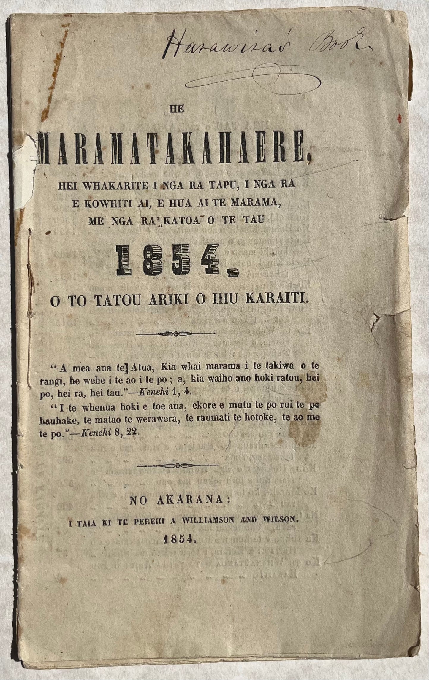 “Hawawira’s Book” - 1854 Almanac with Early Māori Ownership inscription