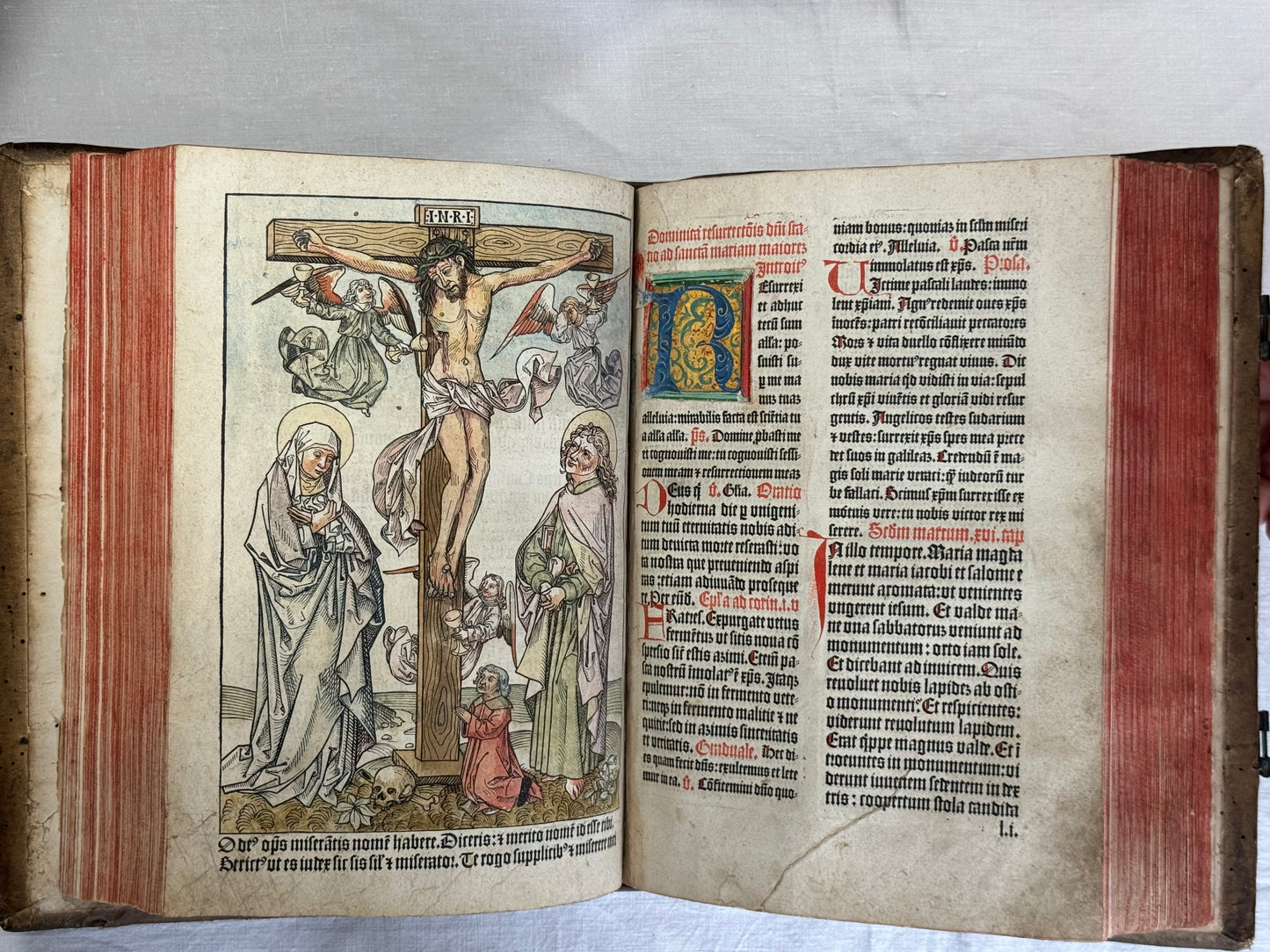 Incunable 1491 folio Nuremberg Missale with Full Page Old colour woodcut by Michael Wolgemut
