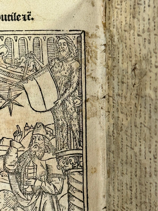 Incunable 1498 confessional in a contemporary binding with manuscript pastedowns and woodcut colophon depicting the mediaeval Wild man and Woman