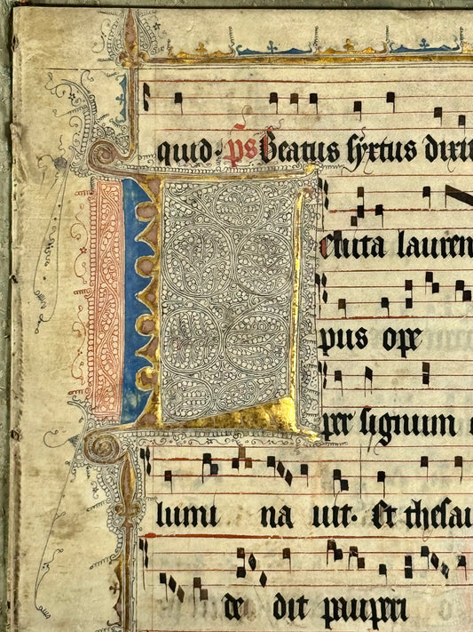 15th century antiphonal fragment with beautiful illuminated "L" for St Lawrence