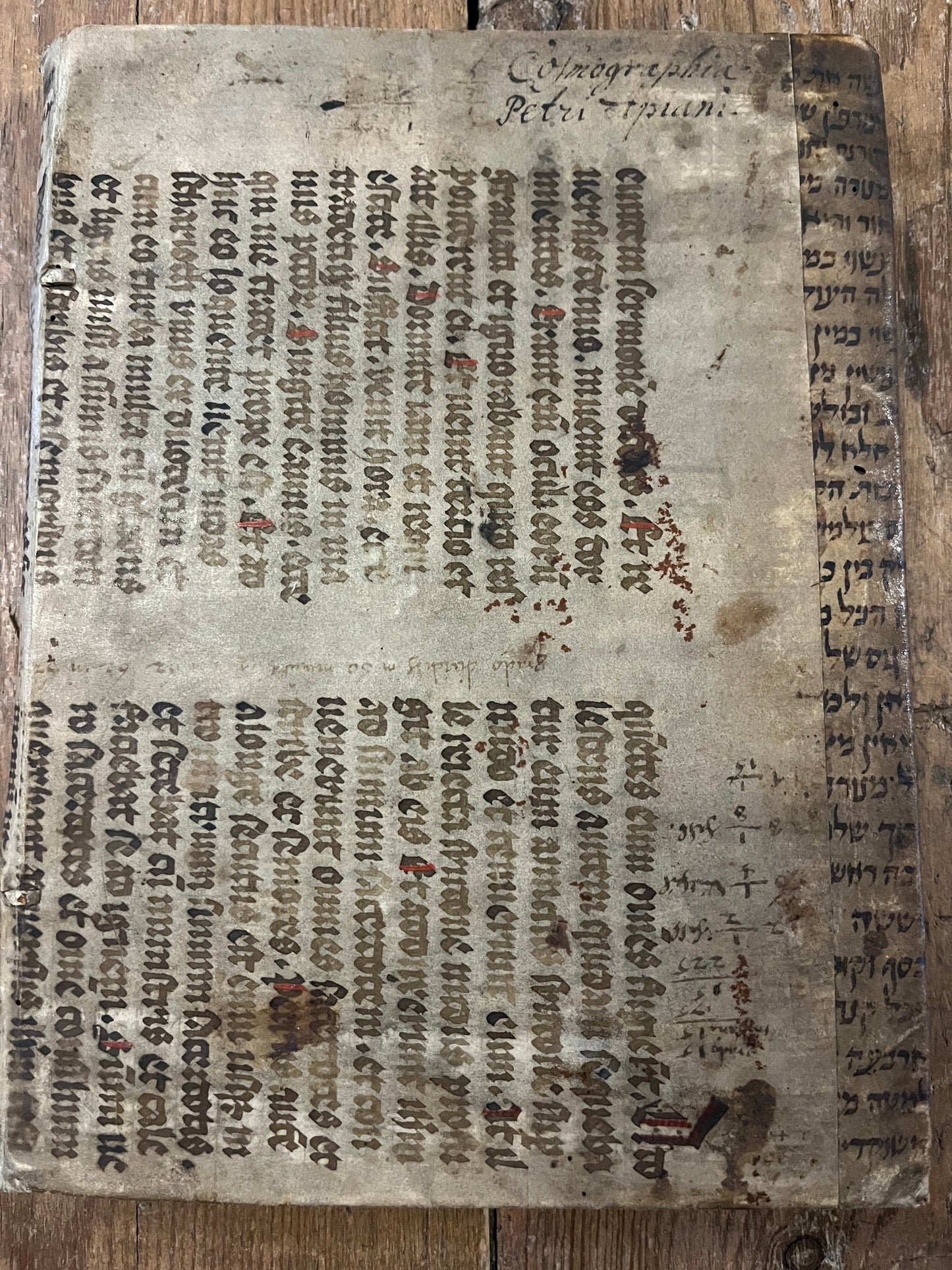 "Cosmographia Petri Apiani per Gemma Frisium..." - Peter Apian - 1564 - with 14th Century Manuscript binding of Mark:14 and a ca 13th Century Hebrew fragment of Rashi to Exodus 25:31-34