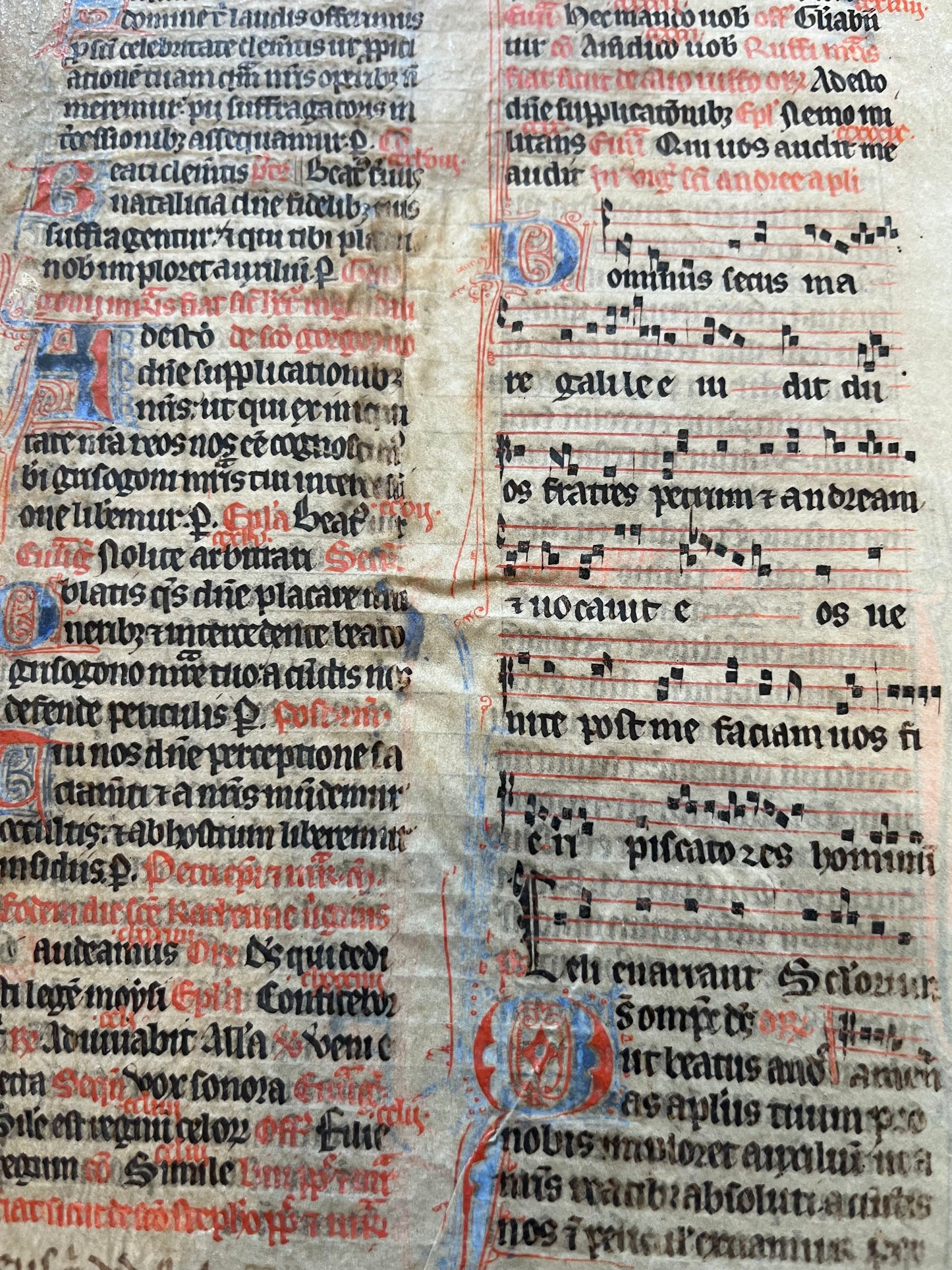 c1300 Century Leaf from a Breviary - Lombard initials and Gregorian Chant for St Andrew the Apostle.