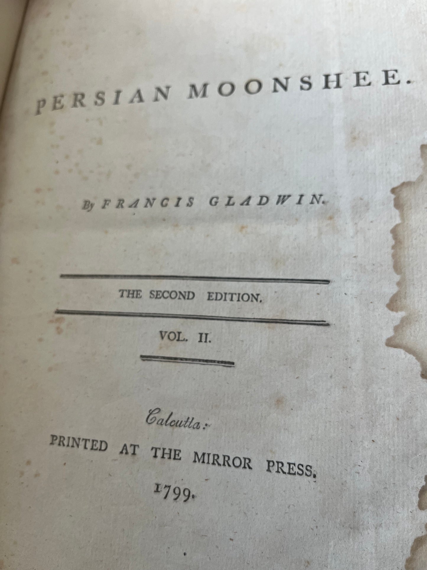 Rare Calcutta imprint - Mirror Press 1799 - The Persian Moonshee