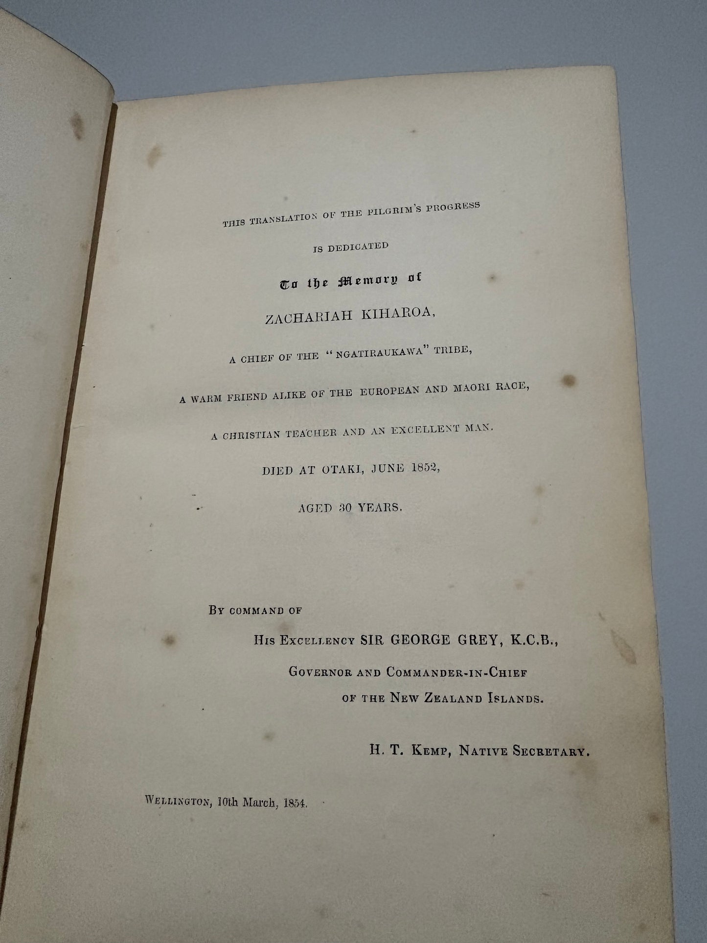 The first edition of the Pilgrim's Progress in Maori - 1854 - "He moemoea, otira, Ko nga korero o te huarahi" - Printed in Wellington, New Zealand