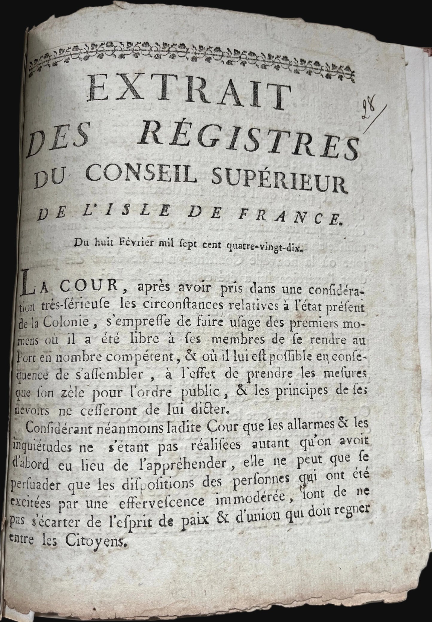 Mauritian Printing - Rare revolutionary-era colonial decree printed at the Royal Press in Port-Louis - 1790