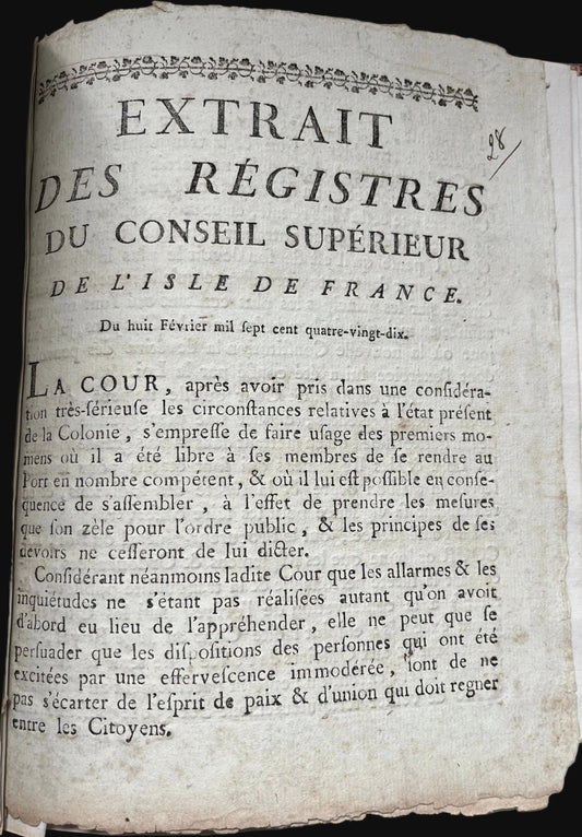 Mauritian Printing - Rare revolutionary-era colonial decree printed at the Royal Press in Port-Louis - 1790