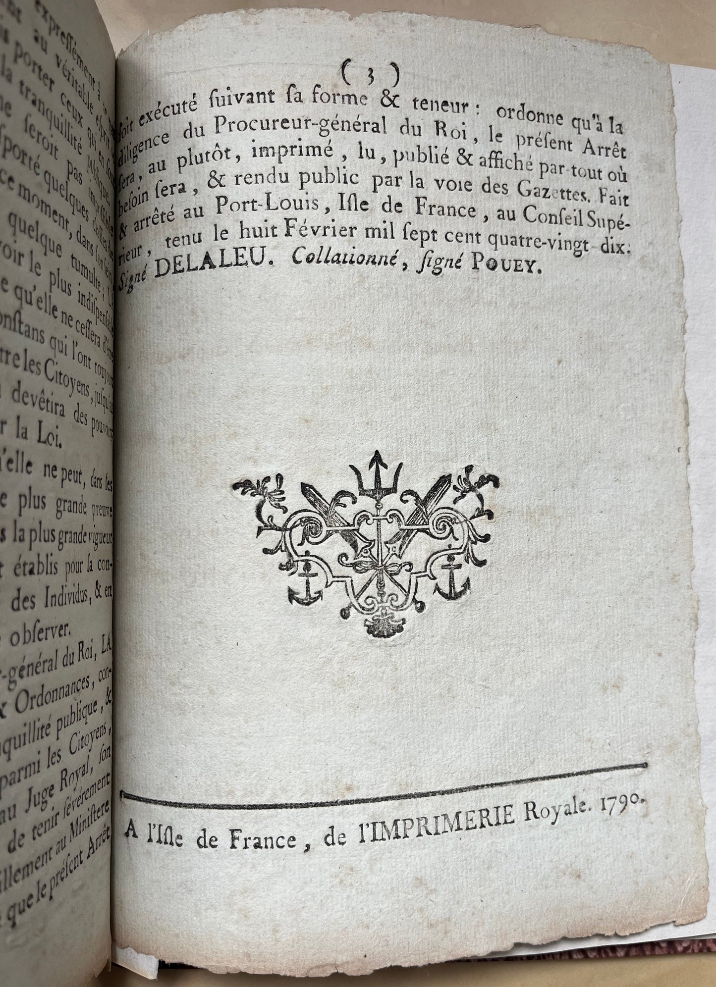 Mauritian Printing - Rare revolutionary-era colonial decree printed at the Royal Press in Port-Louis - 1790
