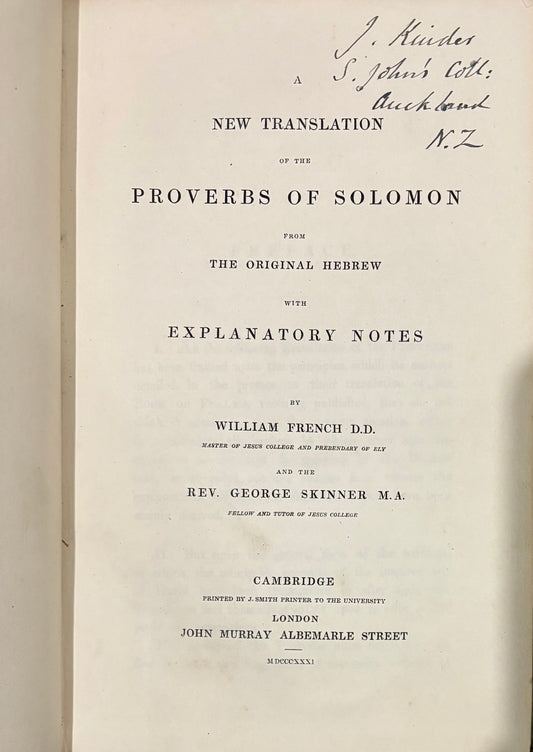 John Kinder's copy - "A New Translation of the Proverbs of Solomon" - London - 1831 - New Zealand interest
