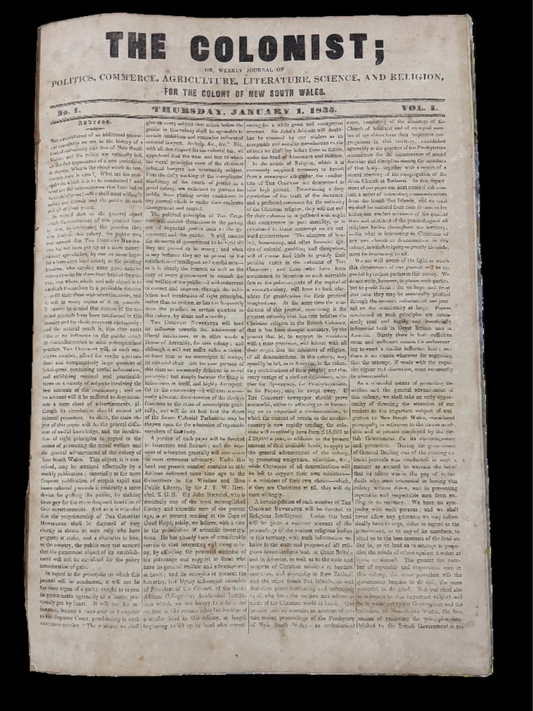 Early Australian Newspaper - "The Colonist" - 1835 Sydney - Complete 1st Year with 53 issues