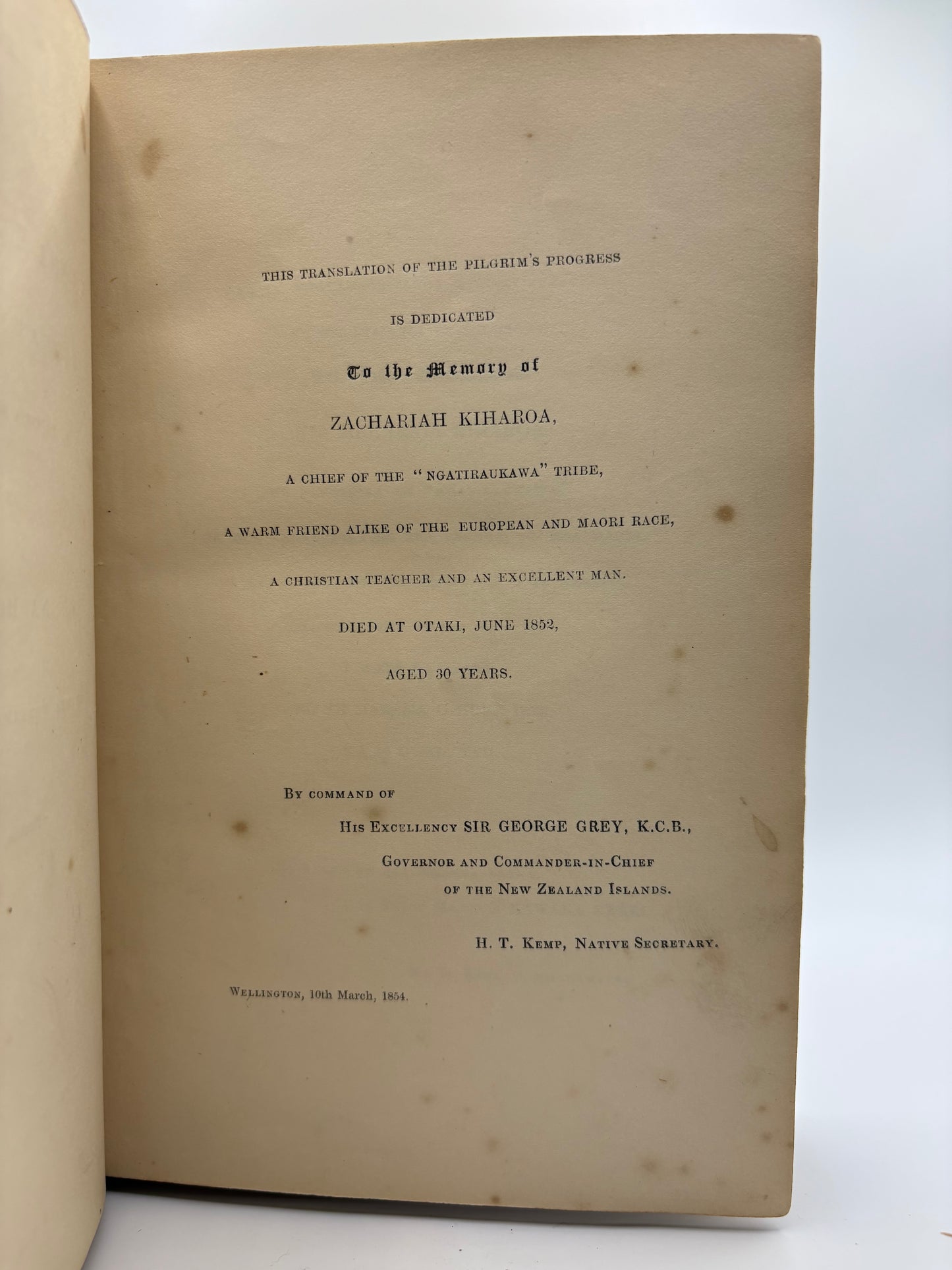 The first edition of the Pilgrim's Progress in Maori - 1854 - "He moemoea, otira, Ko nga korero o te huarahi" - Printed in Wellington, New Zealand