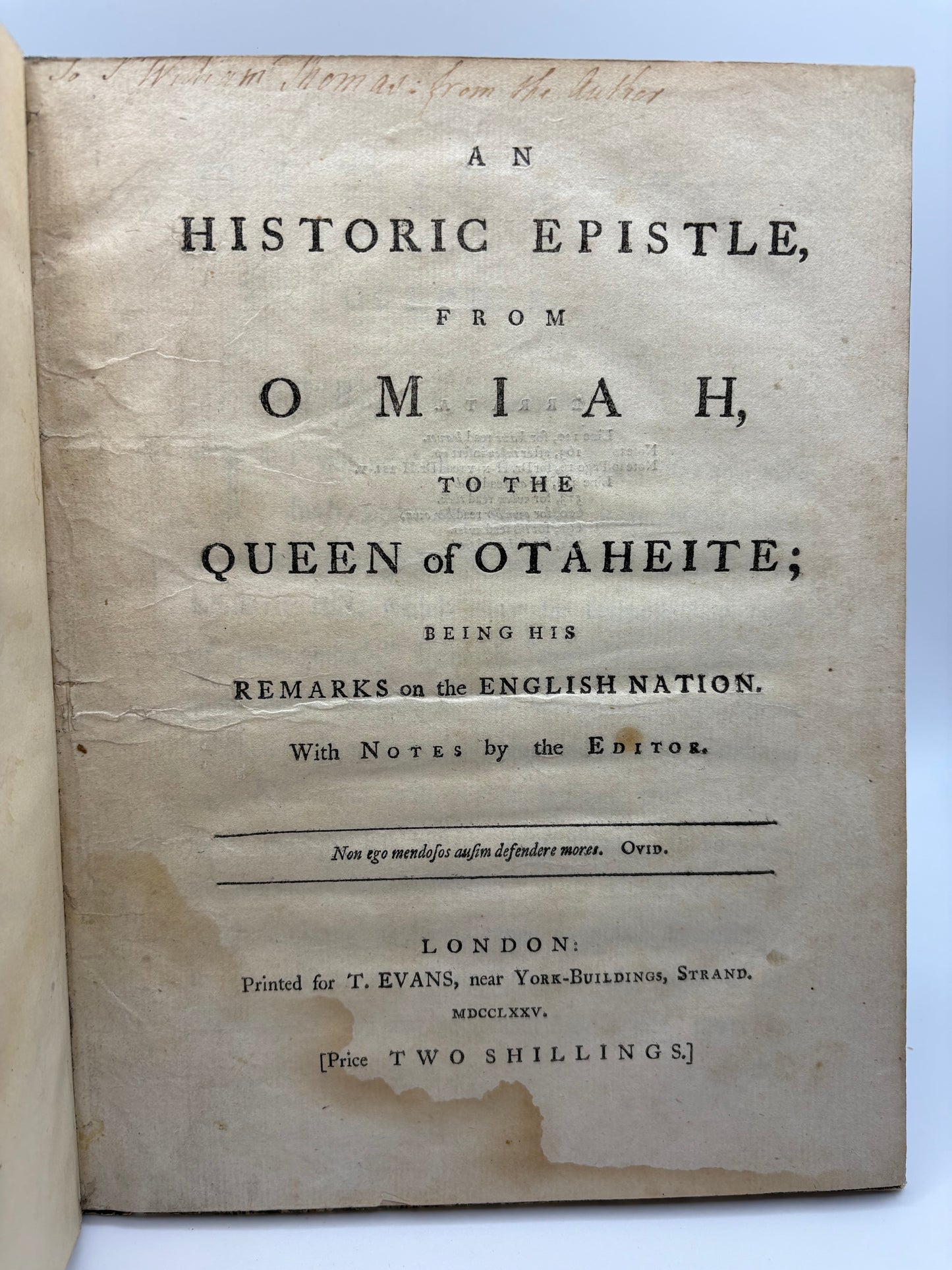 Pacific voices - Dedication copy - 1775 "Historic Epistle from Omiah to the Queen of Otaheite"