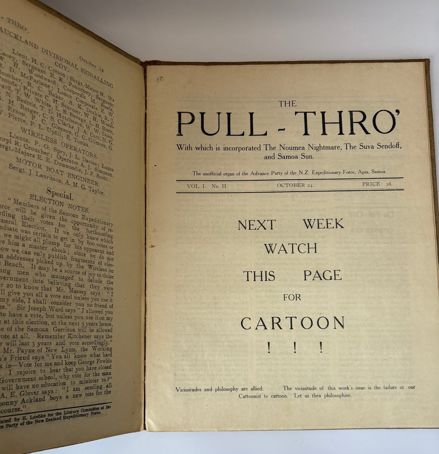 “The Pull-Thro’: In which is incorporated The Noumea Nightmare, The Suva Sendoff and Samoan Sun.” -  Printed in Samoa 1914