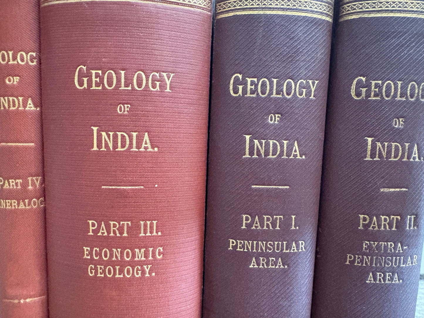 "A Manual of The Geology of India" - Calcutta 1879 - 4 volumes in original decorative cloth binding complete with folding maps