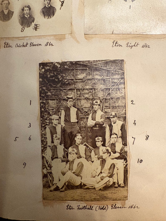 Early photograph album c1860-1863 containing c100 photographs of Eton College and Home photographs. Includes an early 1862 (Pre-FA) football team with Robert Seymour Bridges