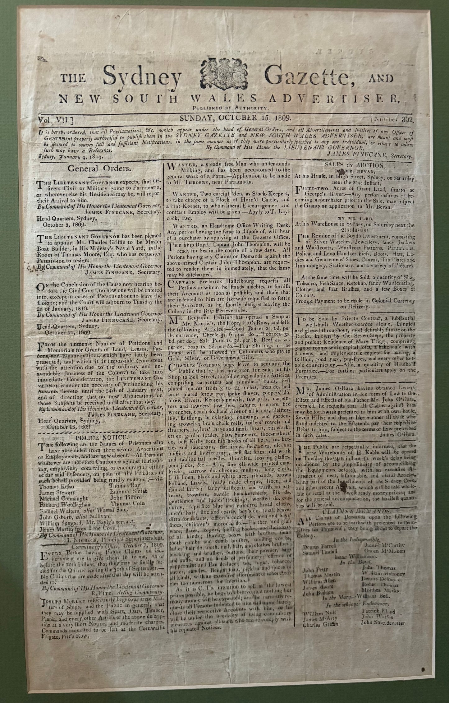 Rare Early Australian “Incunable” — "Sydney Gazette and New South Wales Advertiser" 1809