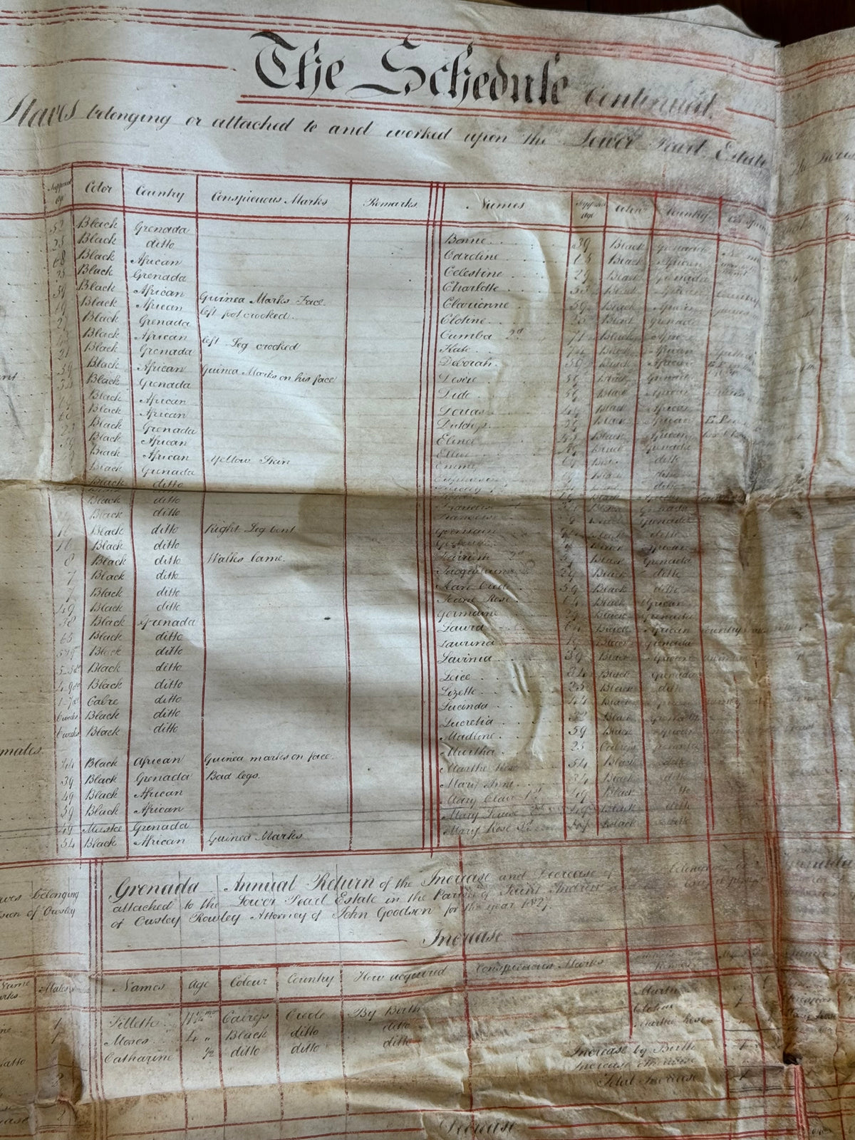 An archive of Nine vellum deeds documenting the enslaved populations of the Upper and Lower Pearl Estates in St Andrew's, Grenada, from 1826-1828, and their subsequent sale in 1830.