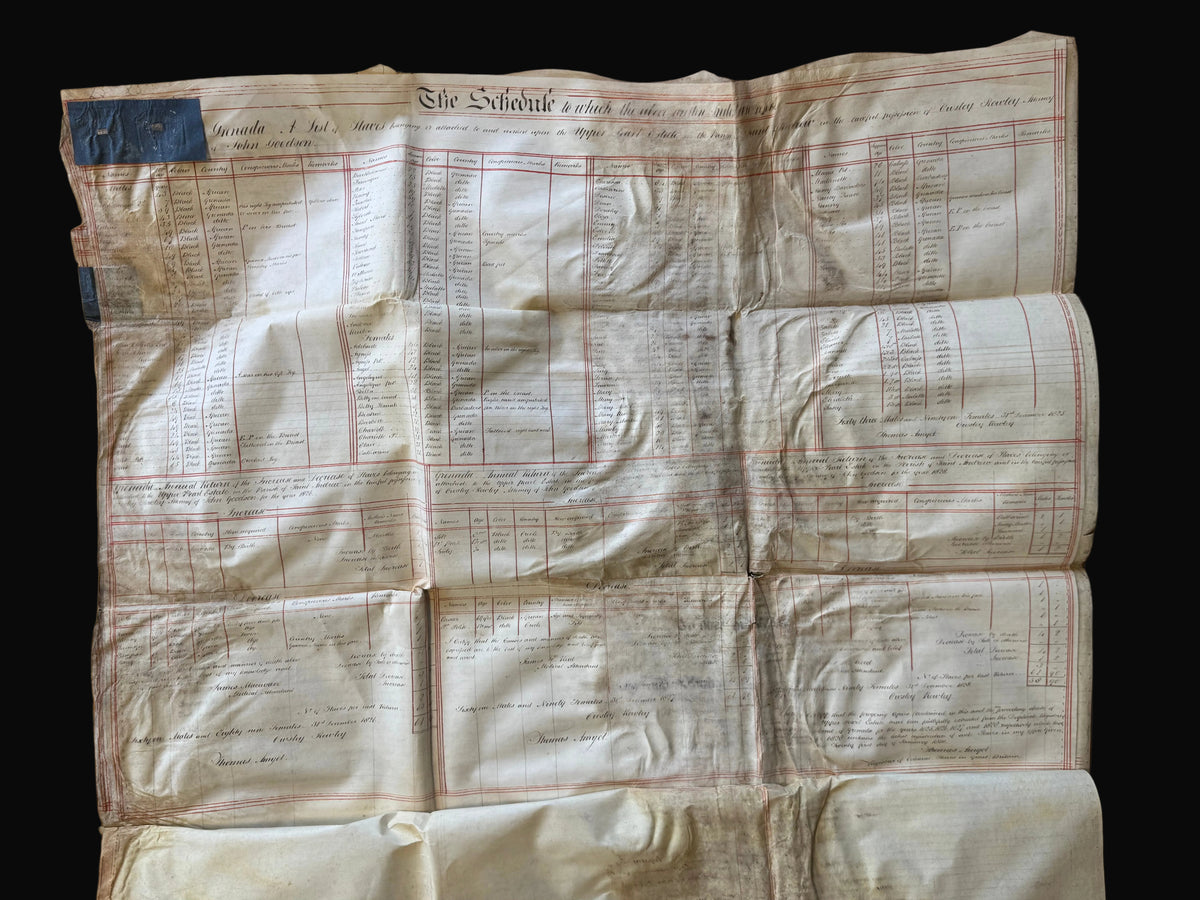 An archive of Nine vellum deeds documenting the enslaved populations of the Upper and Lower Pearl Estates in St Andrew's, Grenada, from 1826-1828, and their subsequent sale in 1830.