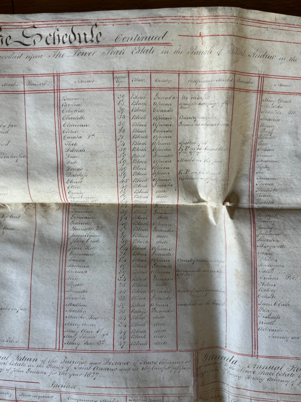 An archive of Nine vellum deeds documenting the enslaved populations of the Upper and Lower Pearl Estates in St Andrew's, Grenada, from 1826-1828, and their subsequent sale in 1830.