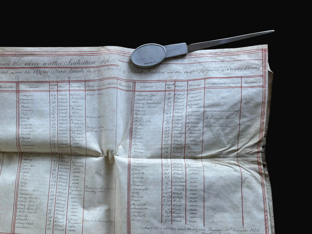 An archive of Nine vellum deeds documenting the enslaved populations of the Upper and Lower Pearl Estates in St Andrew's, Grenada, from 1826-1828, and their subsequent sale in 1830.
