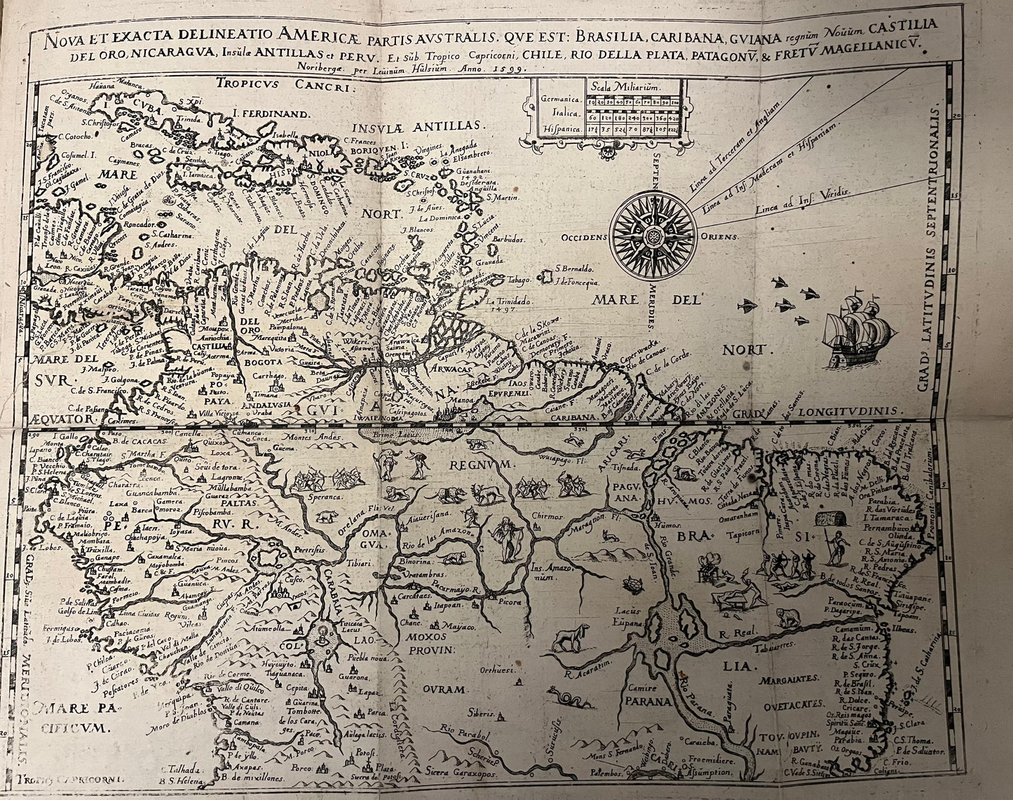 Rare with Map of Eldorado and South America - Walter Raleigh - Hulsius - 1599 - Brevis & admiranda descriptio regni Guianae, auri abundantissimi, in America