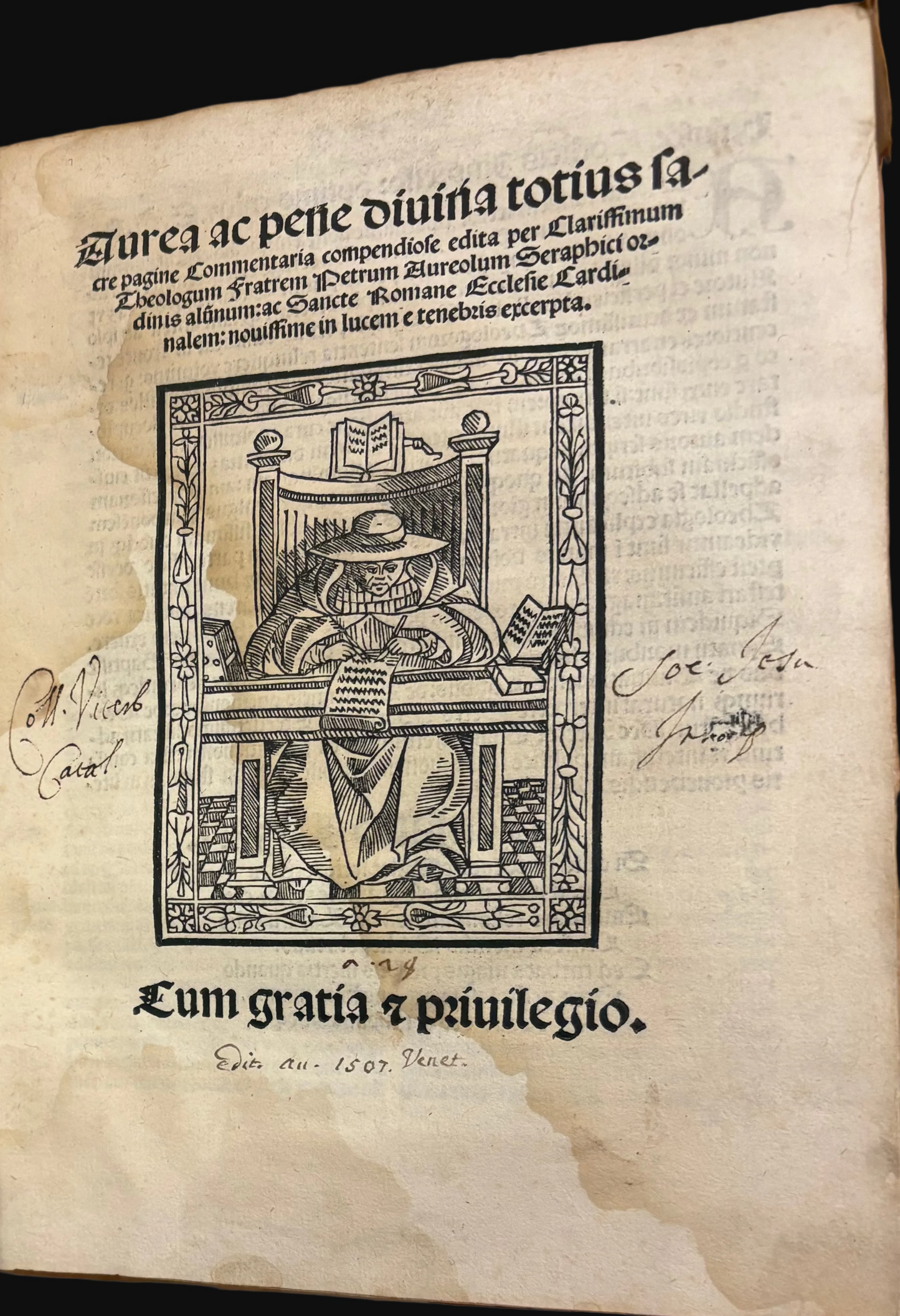 "Aurea ac pene divina" - Petrus aureolus - Venice 1507 - An unsophisticated copy of this Post-incunable religious commentary in original binding with woodcuts, printed manicules, and manuscript waste to spine.
