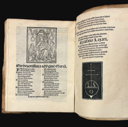 "Aurea ac pene divina" - Petrus aureolus - Venice 1507 - An unsophisticated copy of this Post-incunable religious commentary in original binding with woodcuts, printed manicules, and manuscript waste to spine.