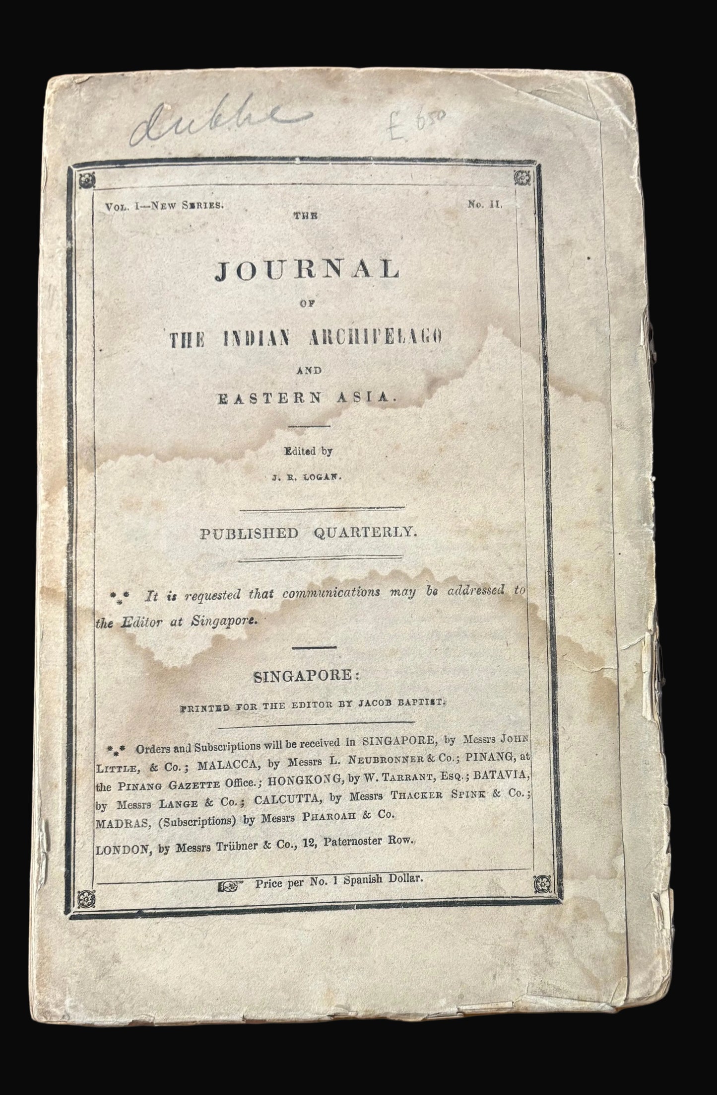 Early Singapore Scientific Printing by Jacob Baptist - Logan's "Journal of the Indian Archipelago and Eastern Asia" 1856
