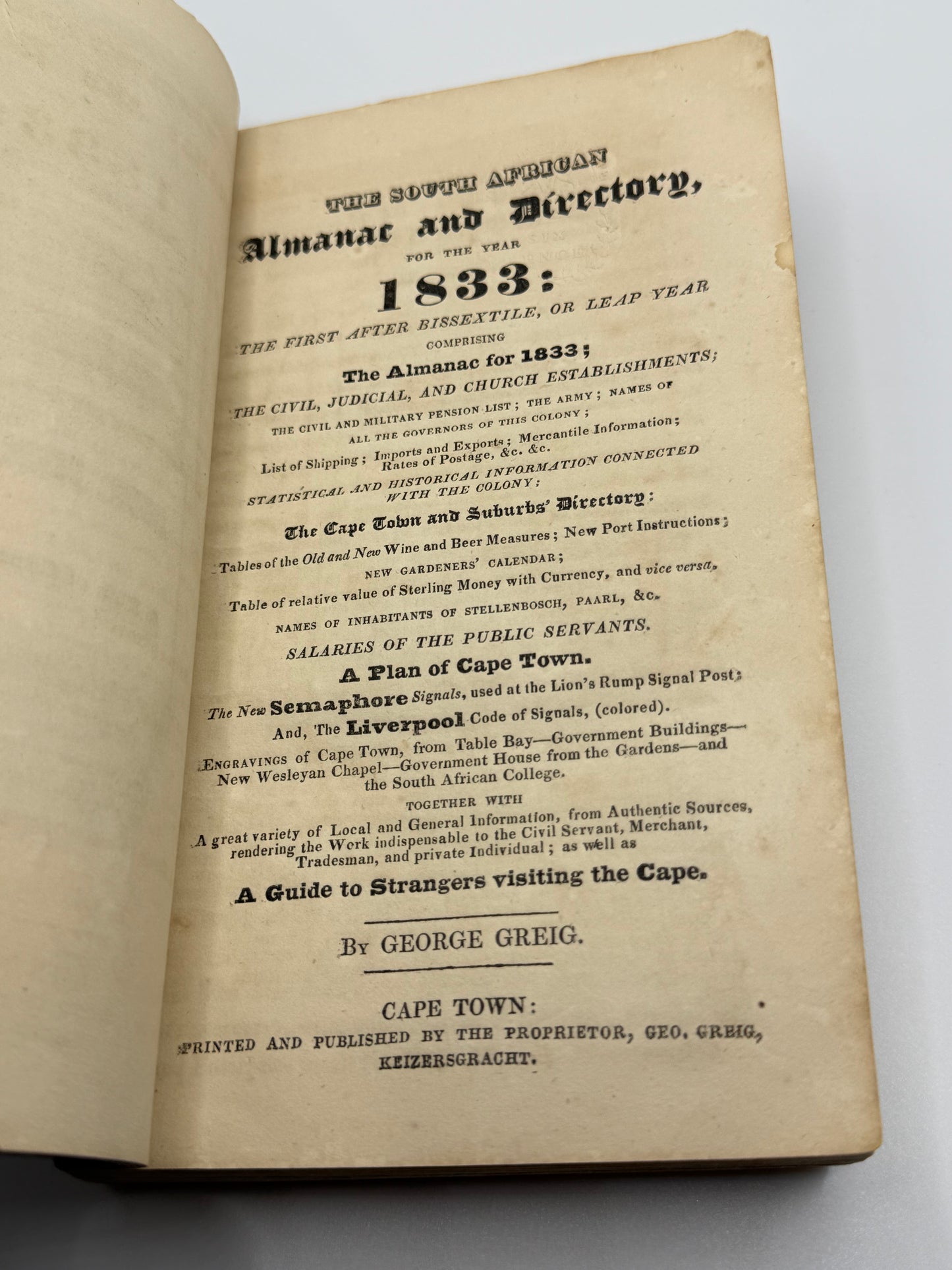 Early 1833 South African Printed Almanac by George Grieg, including five early Lithographs of Cape Town by H.C. de Meillon. Not on OCLC.