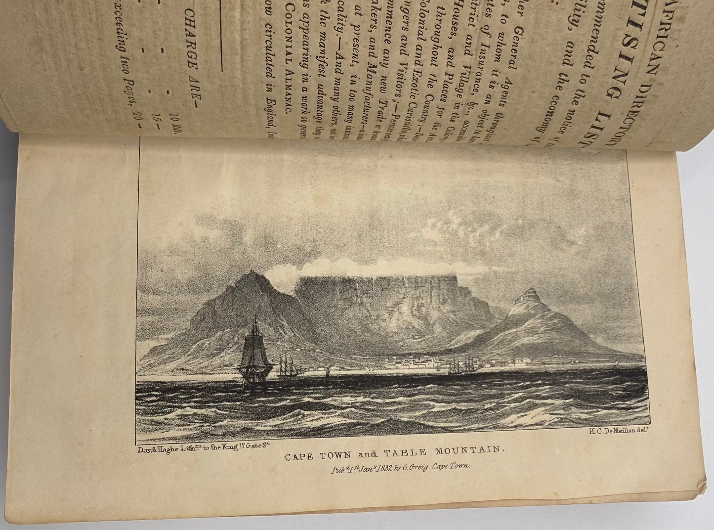 Early 1833 South African Printed Almanac by George Grieg, including five early Lithographs of Cape Town by H.C. de Meillon. Not on OCLC.