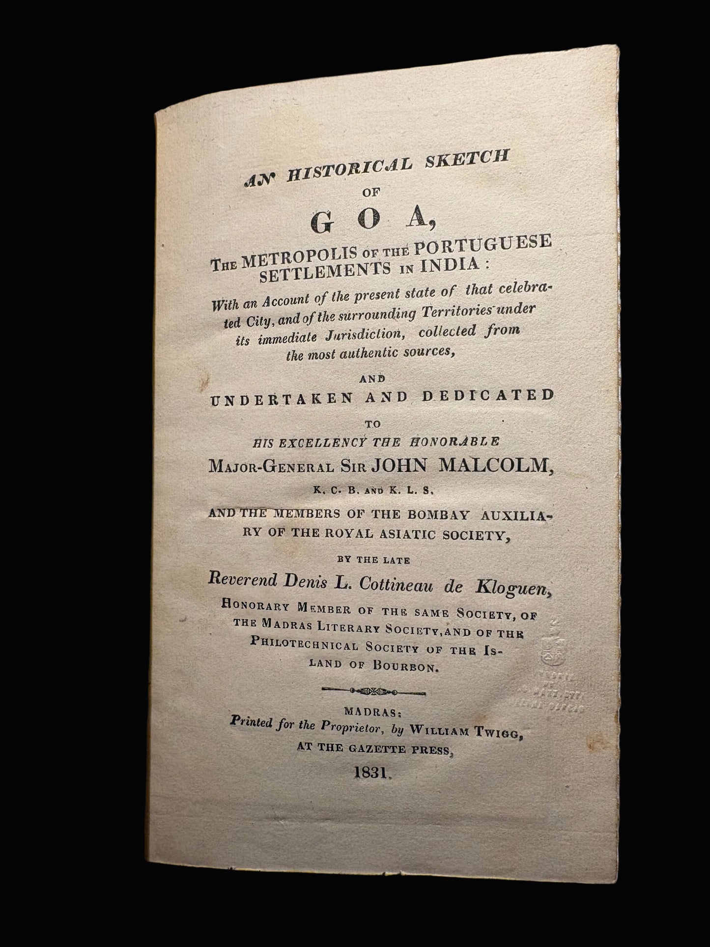 Madras Printing 1831 - "An Historical Sketch of Goa" - With folding map of Goa