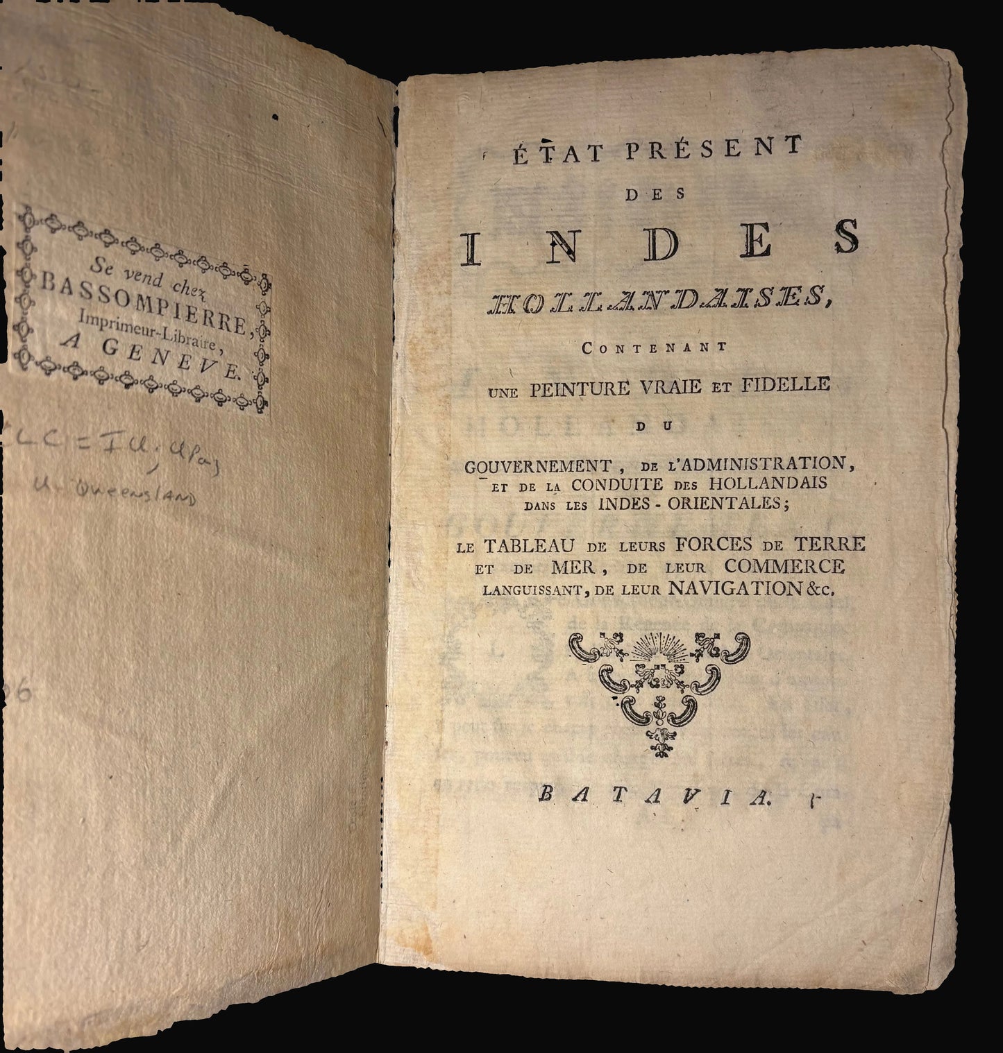 Bound with the Genevan Bookseller Bassompierre's catalogue waste - "Etat présent des Indes hollandaises" - Batavia [but Amsterdam]