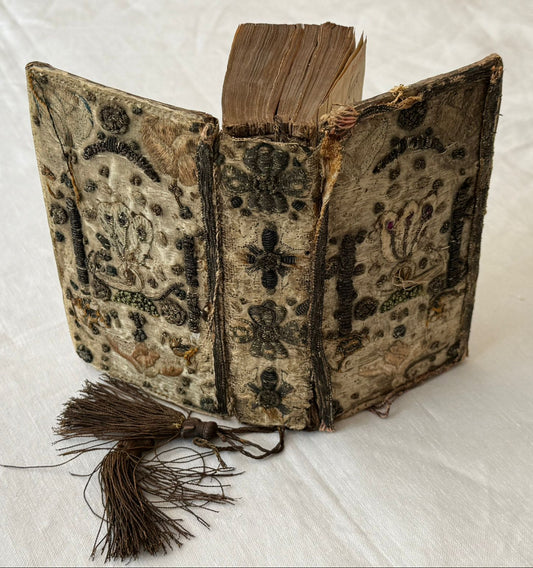 Contemporary Embroidered Binding for a 1632 King James Bible (including the Old and New Testaments and the Book of Psalms) — with 3 generations of Women’s Ownership