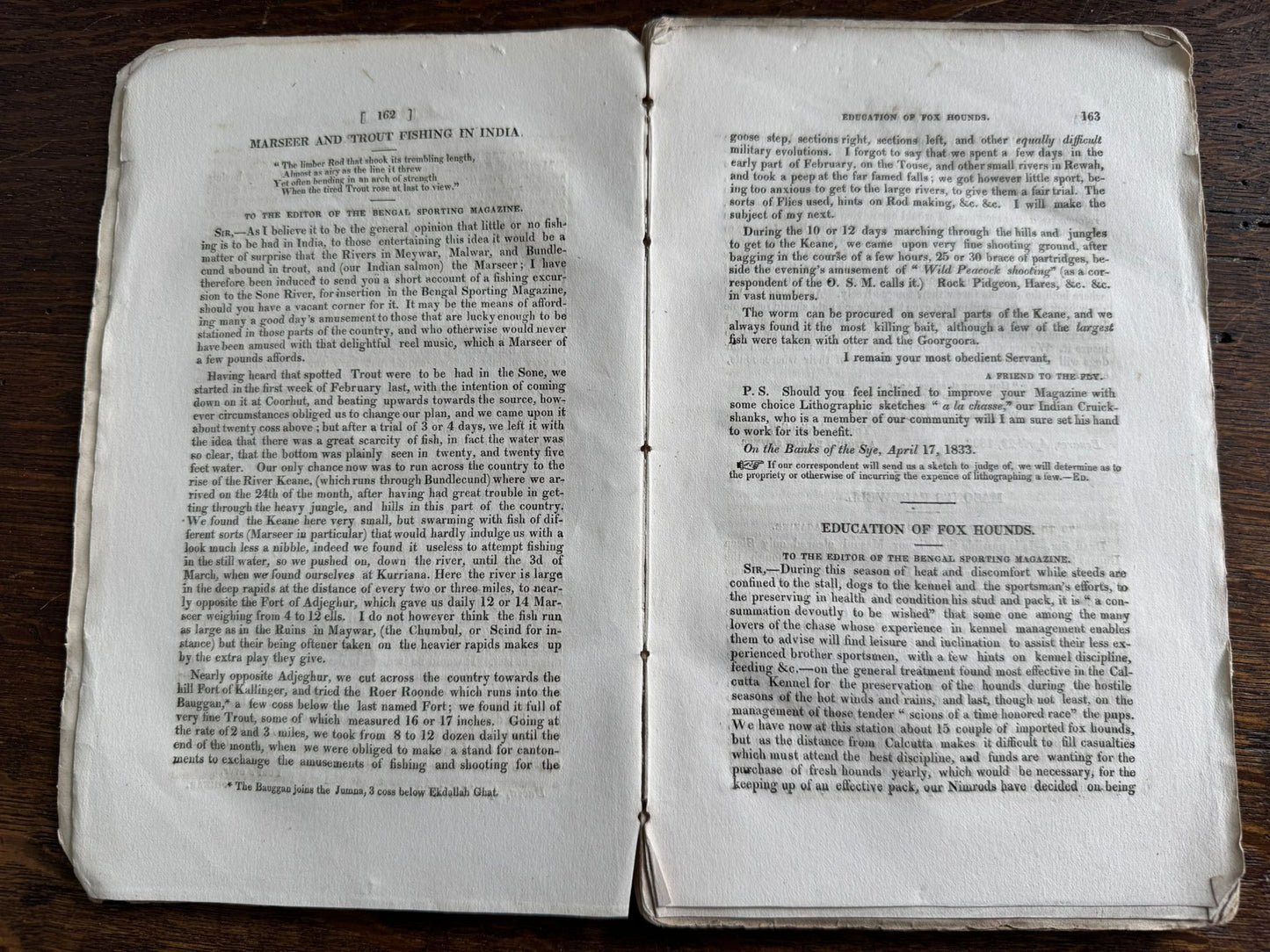 "My First Brush with a Tiger" - Early Indian printing - "The Bengal Monthly Sporting Magazine" - Calcutta 1833 - J.H.Stocqueler
